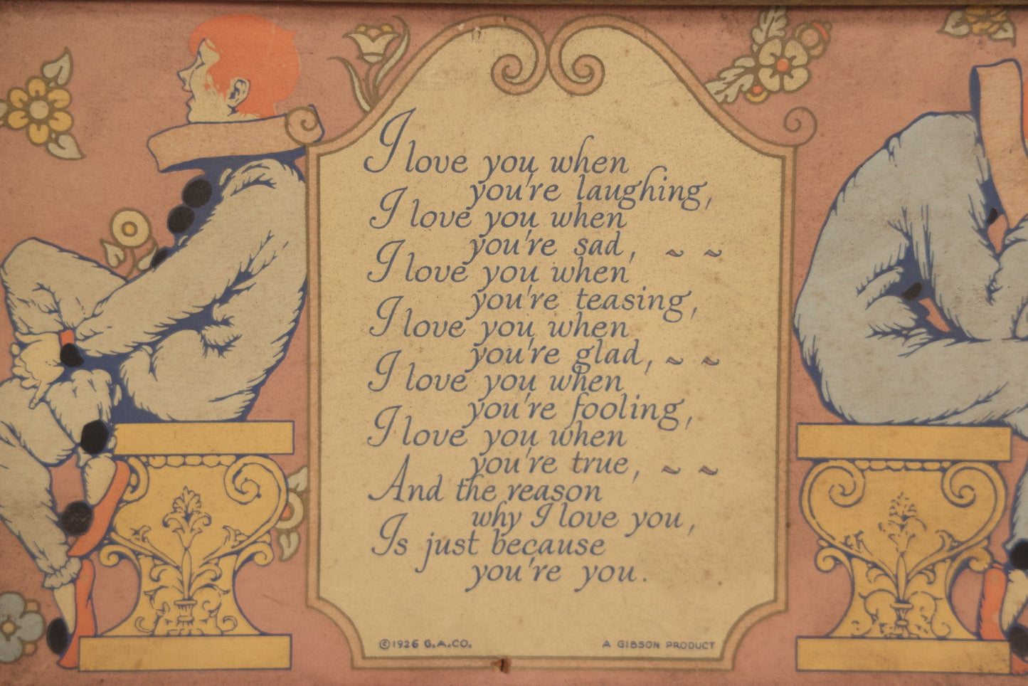 Lot 059 - Vintage Framed Comic Print, "I Love You, When" Featuring Happy And Sad Jesters, Copyright 1926, G.A. Co., A Gibson Product, Note No Glass, 10-3/4" x 6-3/4"