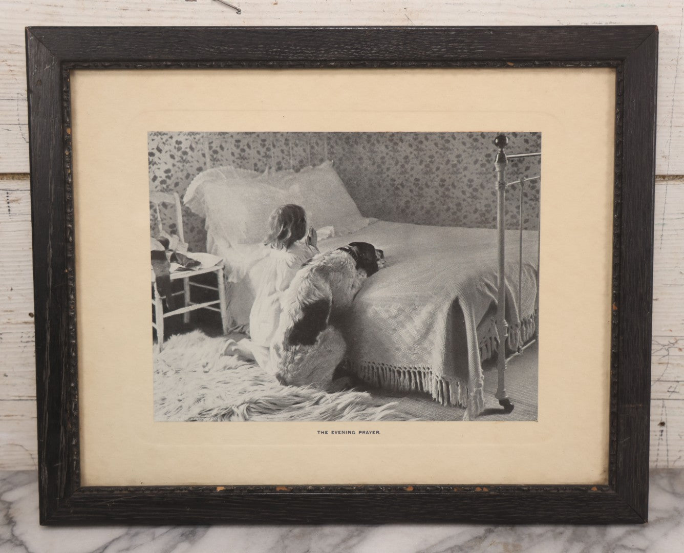 Lot 060 - Antique Framed Photo Art Print, "The Evening Prayer," Girl And Dog Praying On Bed, Copyright 1902 By C.B. Webster & Co., 15-3/4" x 12-3/4"
