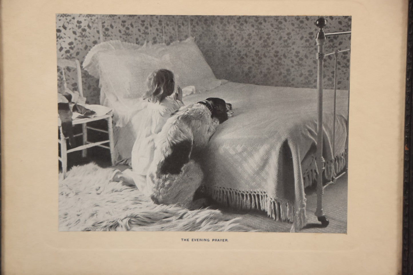 Lot 060 - Antique Framed Photo Art Print, "The Evening Prayer," Girl And Dog Praying On Bed, Copyright 1902 By C.B. Webster & Co., 15-3/4" x 12-3/4"