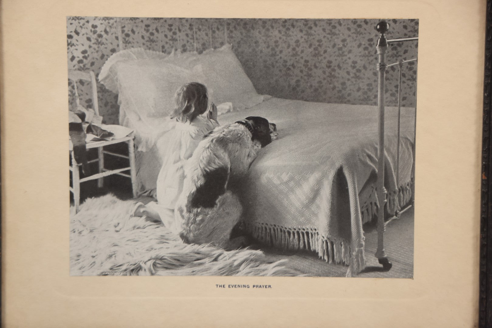 Lot 060 - Antique Framed Photo Art Print, "The Evening Prayer," Girl And Dog Praying On Bed, Copyright 1902 By C.B. Webster & Co., 15-3/4" x 12-3/4"
