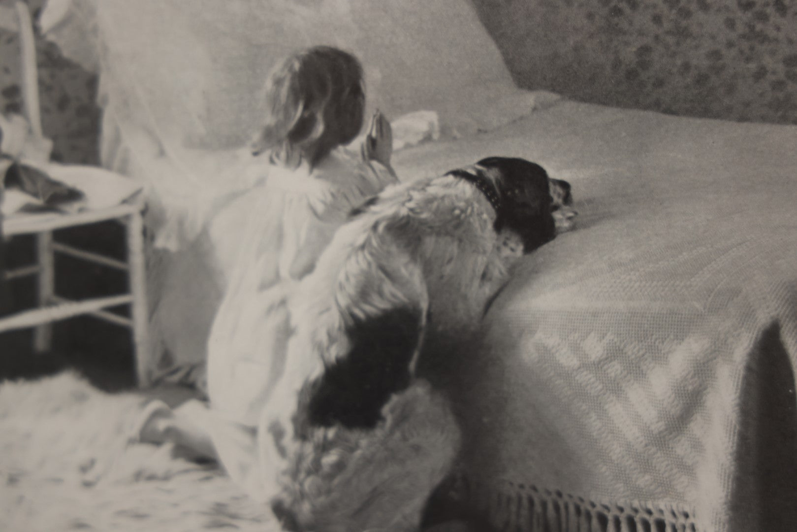 Lot 060 - Antique Framed Photo Art Print, "The Evening Prayer," Girl And Dog Praying On Bed, Copyright 1902 By C.B. Webster & Co., 15-3/4" x 12-3/4"