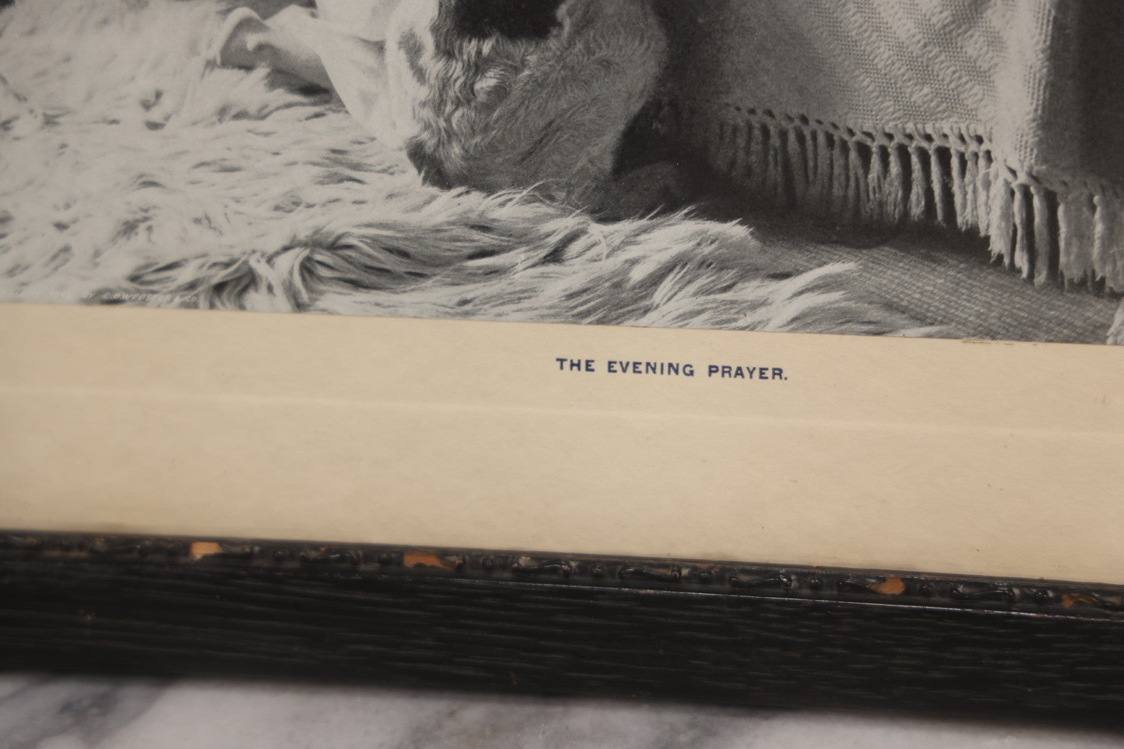 Lot 060 - Antique Framed Photo Art Print, "The Evening Prayer," Girl And Dog Praying On Bed, Copyright 1902 By C.B. Webster & Co., 15-3/4" x 12-3/4"