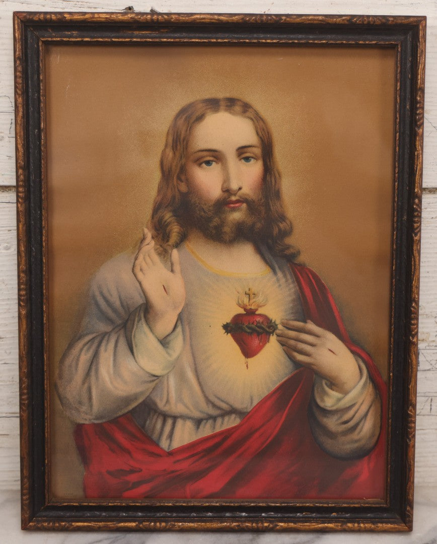 Lot 061 - Antique Chromolithograph Print Of Jesus With Stigmata And Sacred Heart, Original Wood Frame Painted Black And Bronze, Print Marked "G.H. 408", 10-1/4" x 13-1/4"