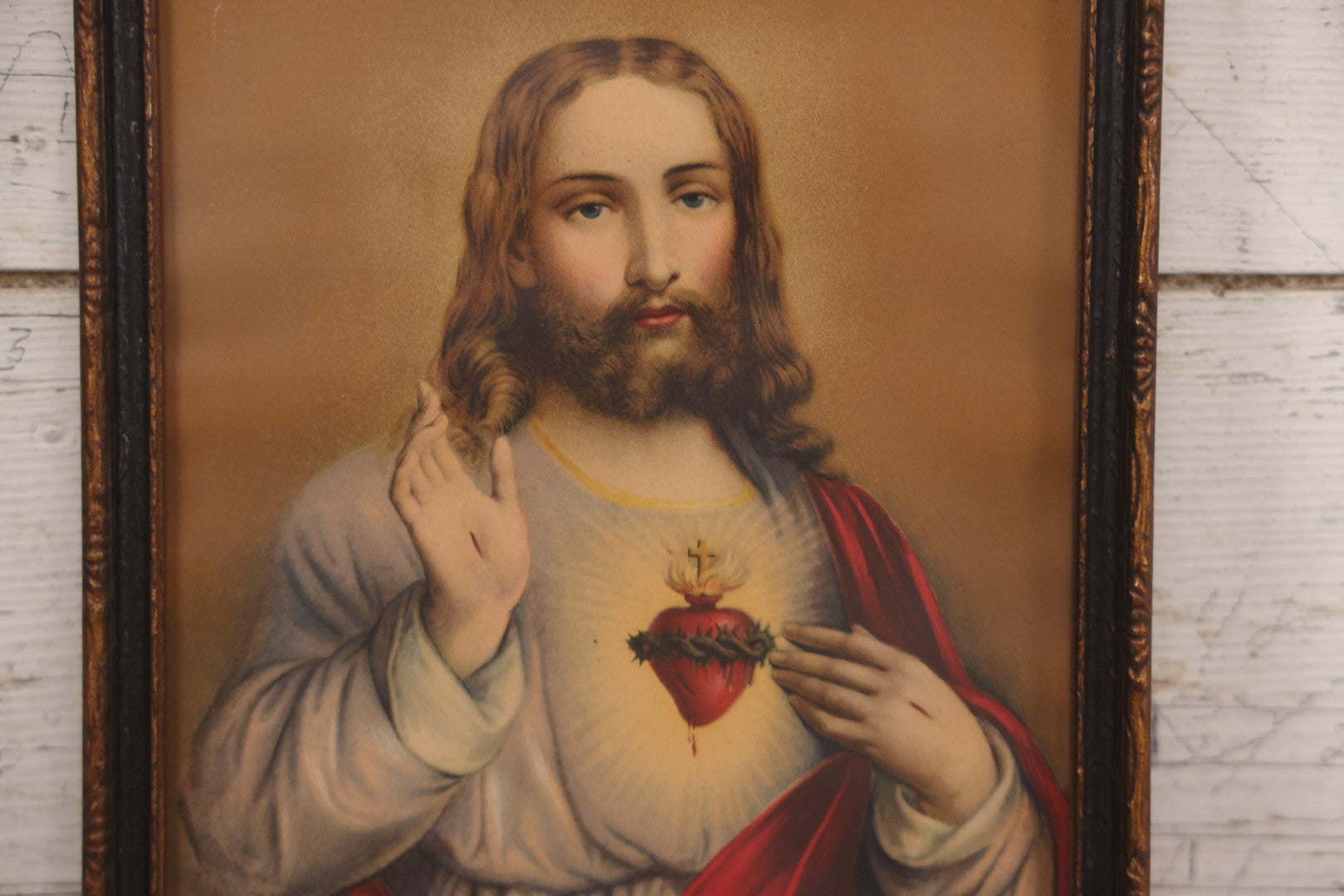 Lot 061 - Antique Chromolithograph Print Of Jesus With Stigmata And Sacred Heart, Original Wood Frame Painted Black And Bronze, Print Marked "G.H. 408", 10-1/4" x 13-1/4"