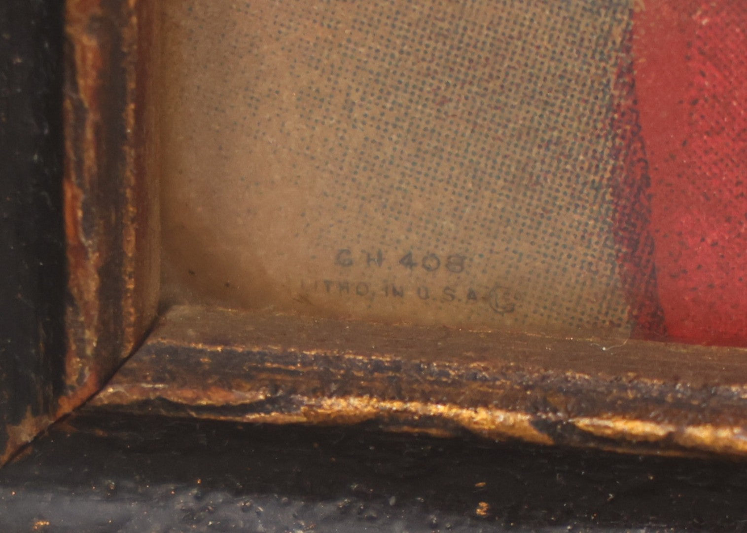 Lot 061 - Antique Chromolithograph Print Of Jesus With Stigmata And Sacred Heart, Original Wood Frame Painted Black And Bronze, Print Marked "G.H. 408", 10-1/4" x 13-1/4"