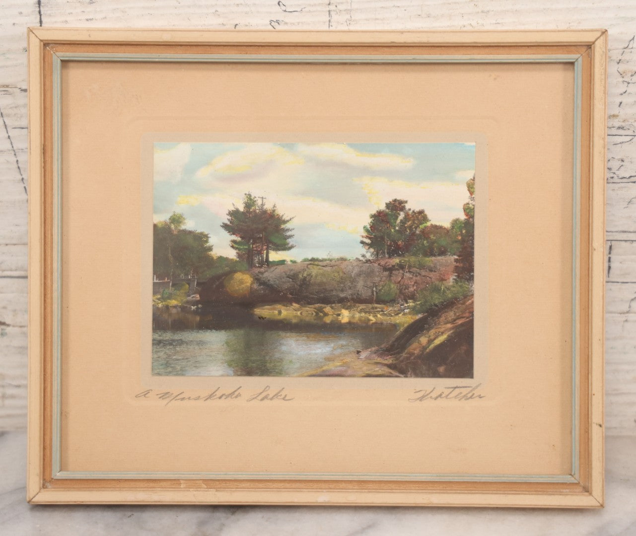 Lot 062 - Antique Framed Hand-Colored Photo, "A Muskoka Lake," Artist Signed, Thatcher Studio Label On Verso, Bracebridge, Muskoka, 7" x 5-3/4"