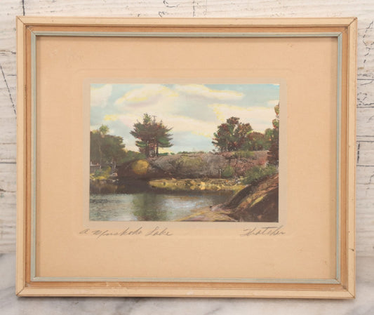 Lot 062 - Antique Framed Hand-Colored Photo, "A Muskoka Lake," Artist Signed, Thatcher Studio Label On Verso, Bracebridge, Muskoka, 7" x 5-3/4"