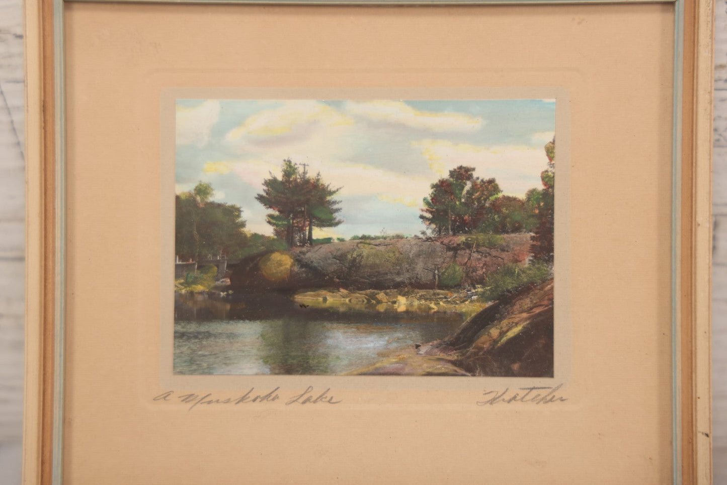 Lot 062 - Antique Framed Hand-Colored Photo, "A Muskoka Lake," Artist Signed, Thatcher Studio Label On Verso, Bracebridge, Muskoka, 7" x 5-3/4"