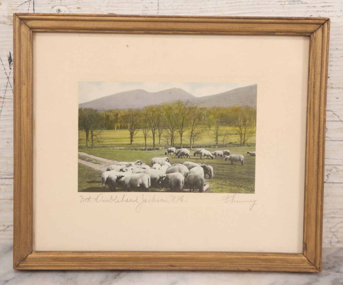Lot 063 - Antique Framed Hand-Colored Photo Of Sheep Before Mountain Landscape, "Mt. Doublehead, Jackson, New Hampshire," Signed Phinney, 8-7/8" x 7-1/4"