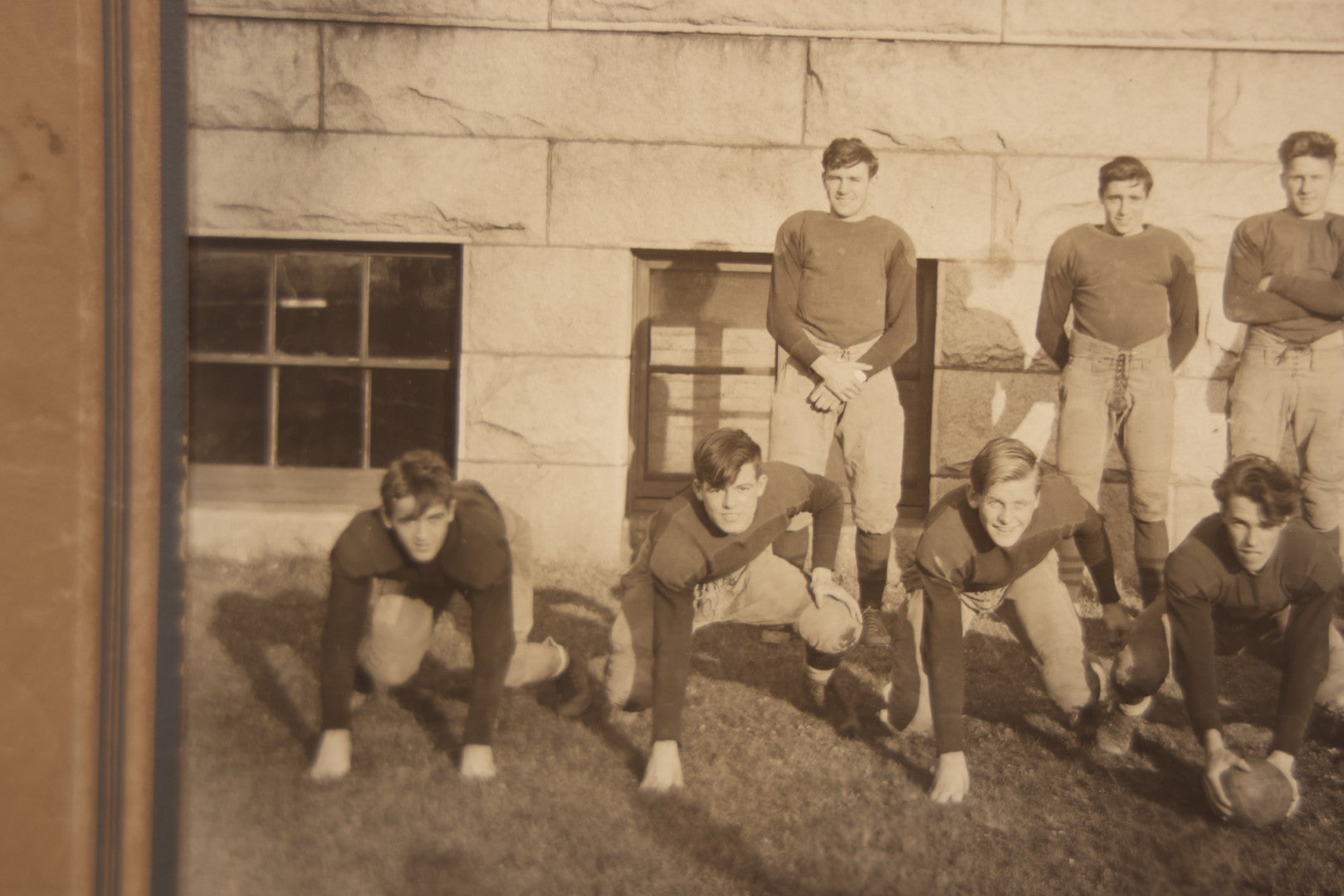 Lot 065 - Vintage Paper Framed Glossy Black And White Photo Of North Dakota State College Football Team, 1937, Featuring Jack Stevens