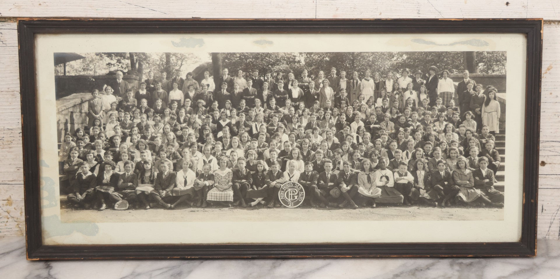 Lot 066 - Antique Eighth Grade 1921 Class Photo In Frame, George Pinkham Institute, With Latin Motto "Non Nobis Sed Aliis" ("Not For Ourselves, But For Others"), 18-3/4" x 8-3/4"