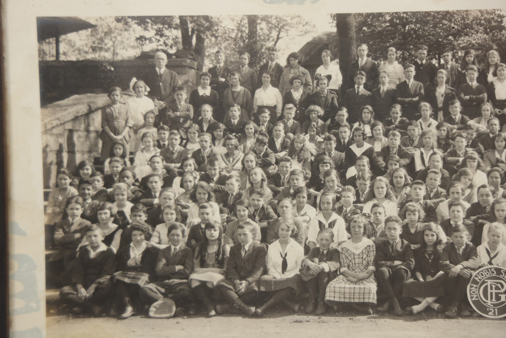 Lot 066 - Antique Eighth Grade 1921 Class Photo In Frame, George Pinkham Institute, With Latin Motto "Non Nobis Sed Aliis" ("Not For Ourselves, But For Others"), 18-3/4" x 8-3/4"