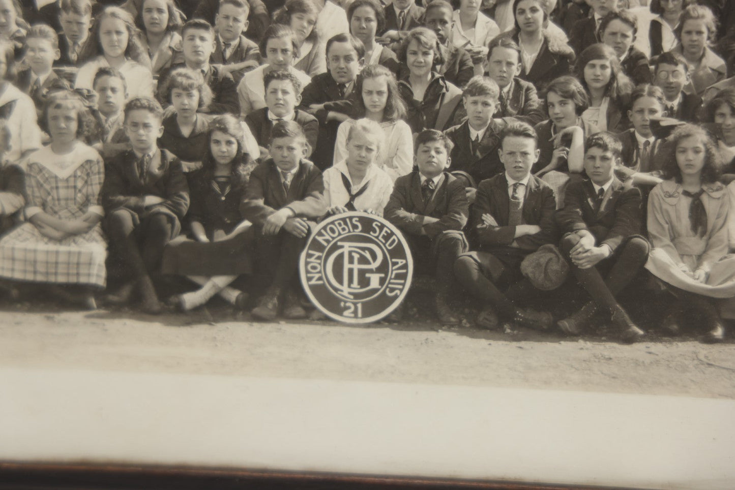 Lot 066 - Antique Eighth Grade 1921 Class Photo In Frame, George Pinkham Institute, With Latin Motto "Non Nobis Sed Aliis" ("Not For Ourselves, But For Others"), 18-3/4" x 8-3/4"