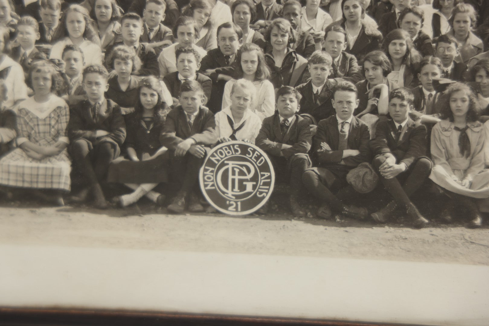 Lot 066 - Antique Eighth Grade 1921 Class Photo In Frame, George Pinkham Institute, With Latin Motto "Non Nobis Sed Aliis" ("Not For Ourselves, But For Others"), 18-3/4" x 8-3/4"