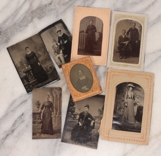 Lot 067 - Grouping Of Eight Antique Photographs Including Seven Tintypes And One Ambrotype In Brass Mat With Floral Motif, With Tintype Of Brothers, Young Man In Uniform With Sister, And More