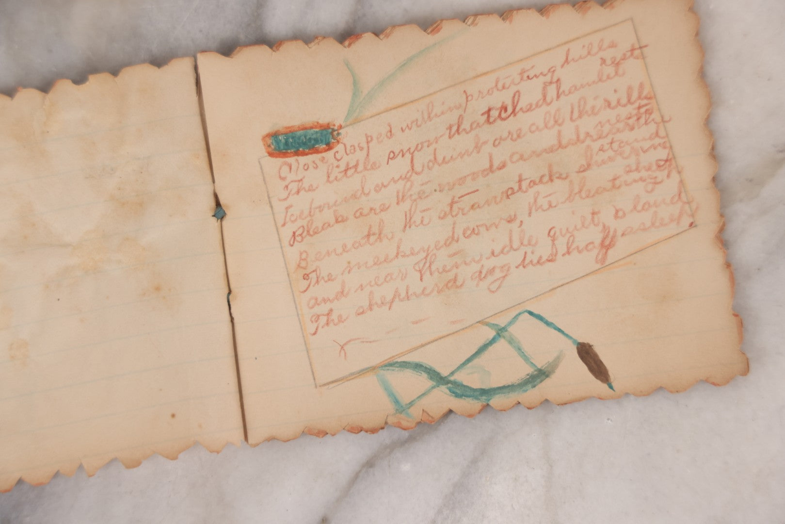 Lot 068 - Antique Hand Made Birthday "Soveigner" [sic] Souvenir Book Dated July 27-Aug 27, 1891, With Poems, Drawings And Captions Of Pets, Family And Home, Original Ribbon Tie Binding, 10+ Pages