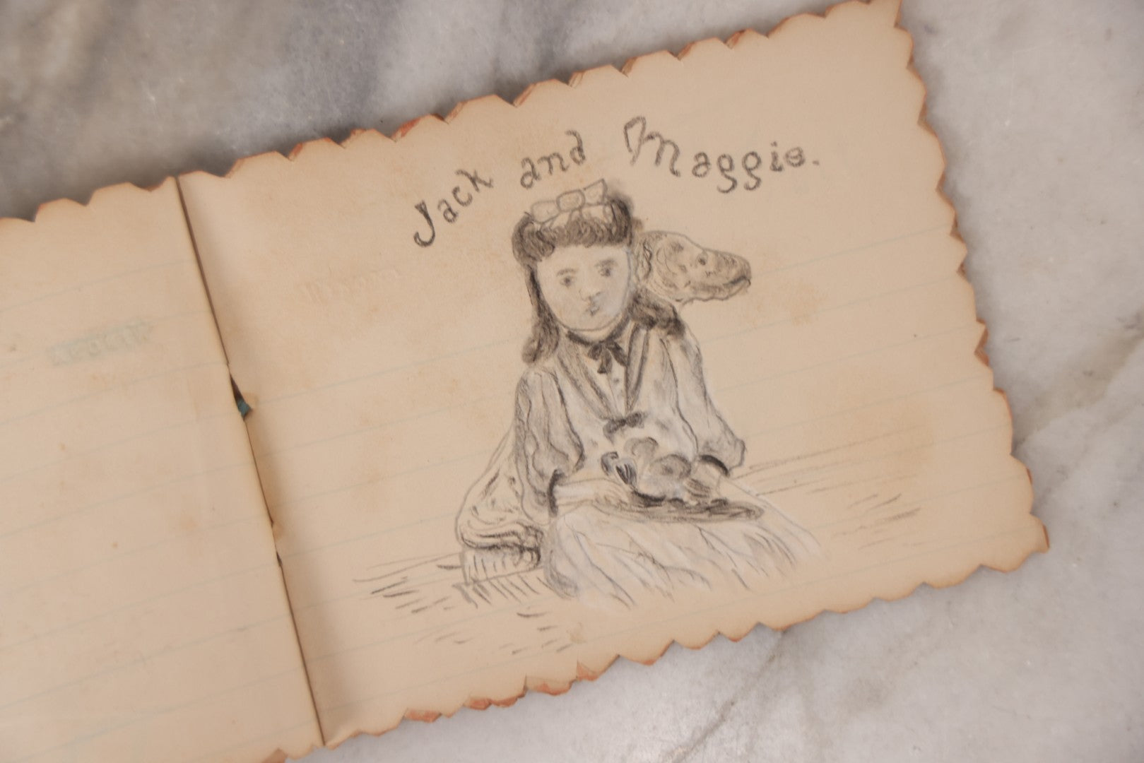 Lot 068 - Antique Hand Made Birthday "Soveigner" [sic] Souvenir Book Dated July 27-Aug 27, 1891, With Poems, Drawings And Captions Of Pets, Family And Home, Original Ribbon Tie Binding, 10+ Pages