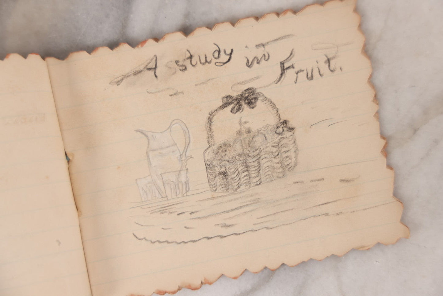 Lot 068 - Antique Hand Made Birthday "Soveigner" [sic] Souvenir Book Dated July 27-Aug 27, 1891, With Poems, Drawings And Captions Of Pets, Family And Home, Original Ribbon Tie Binding, 10+ Pages