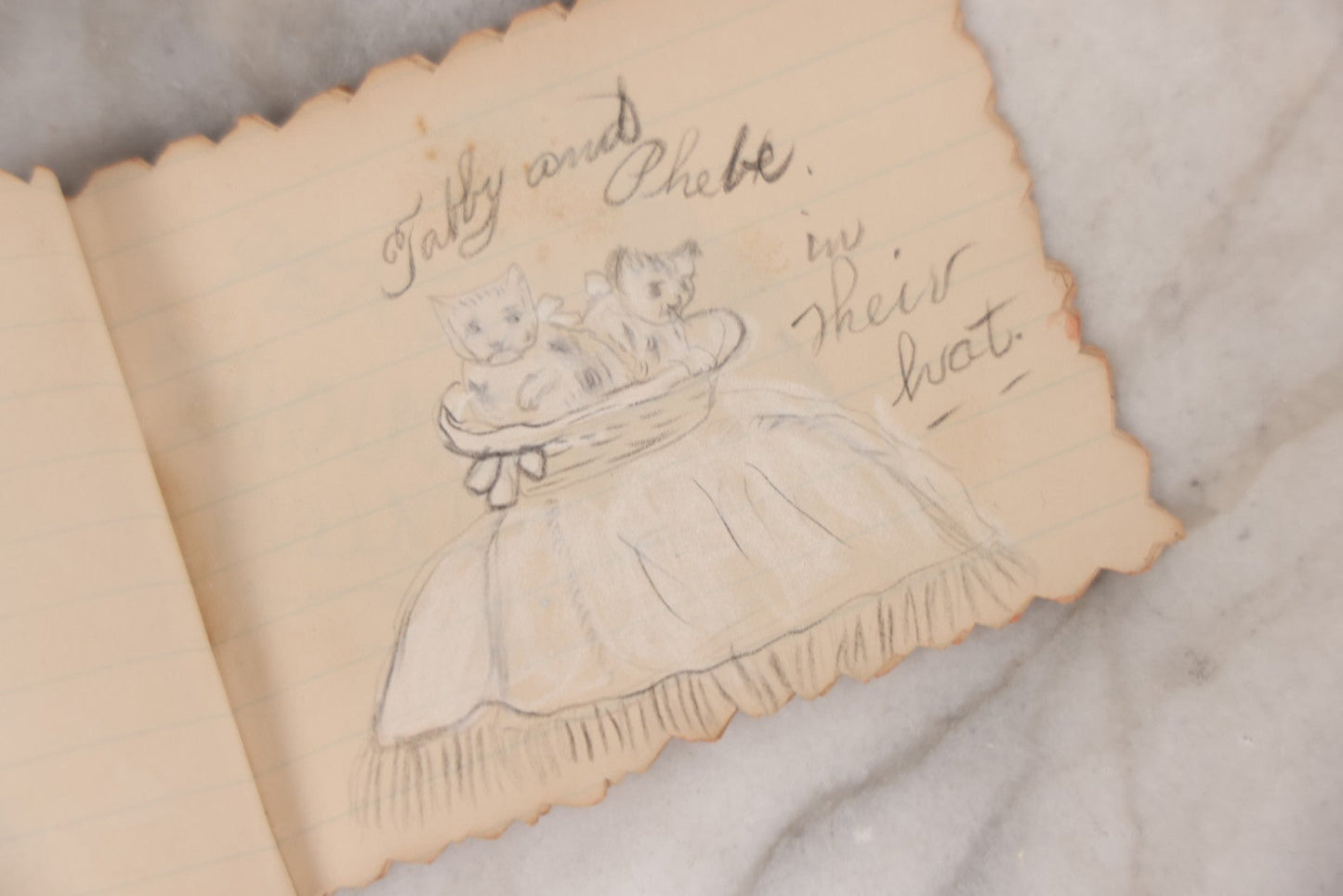 Lot 068 - Antique Hand Made Birthday "Soveigner" [sic] Souvenir Book Dated July 27-Aug 27, 1891, With Poems, Drawings And Captions Of Pets, Family And Home, Original Ribbon Tie Binding, 10+ Pages