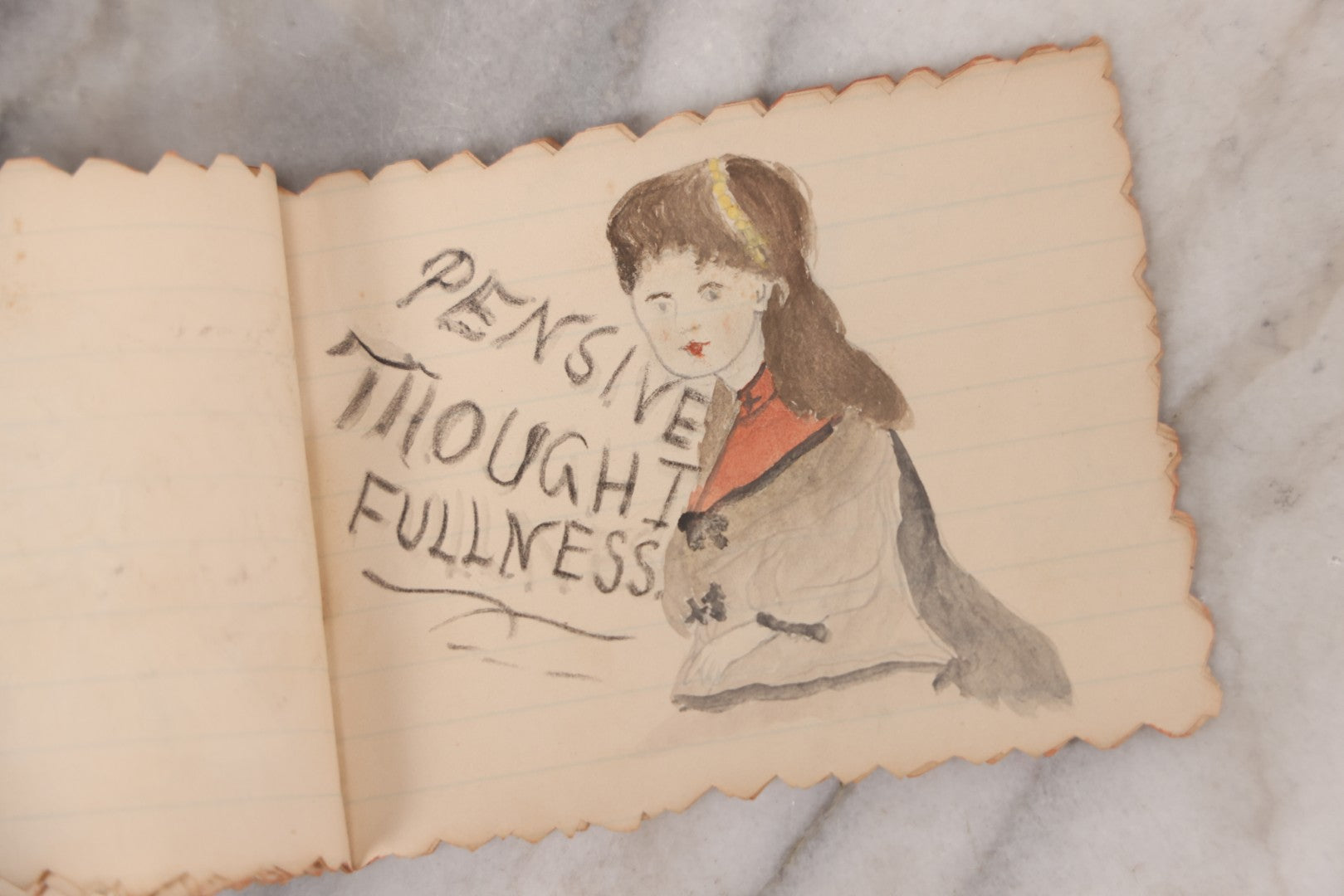 Lot 068 - Antique Hand Made Birthday "Soveigner" [sic] Souvenir Book Dated July 27-Aug 27, 1891, With Poems, Drawings And Captions Of Pets, Family And Home, Original Ribbon Tie Binding, 10+ Pages