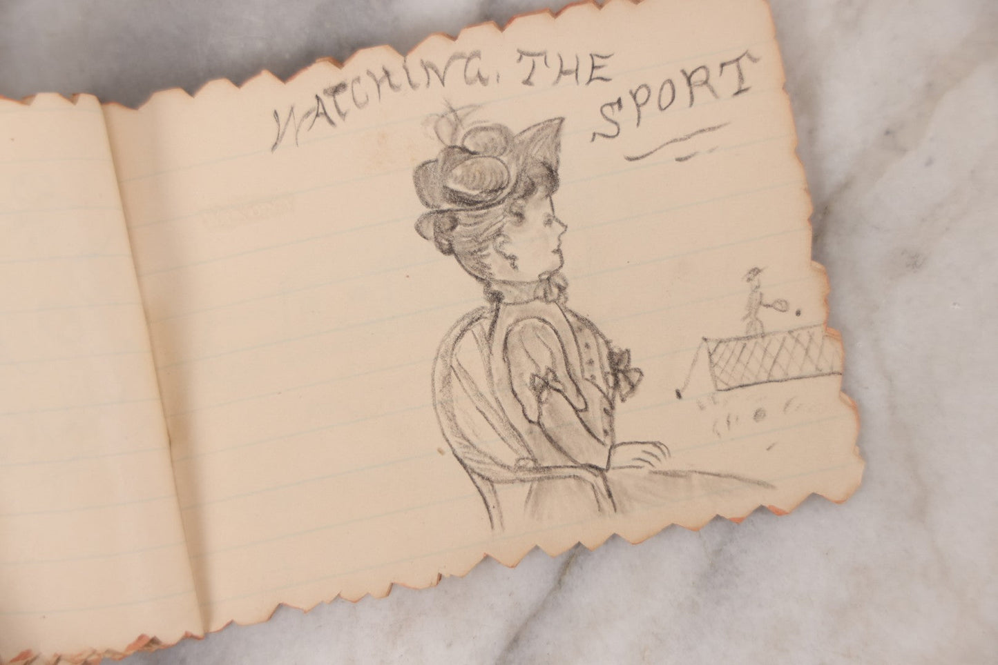 Lot 068 - Antique Hand Made Birthday "Soveigner" [sic] Souvenir Book Dated July 27-Aug 27, 1891, With Poems, Drawings And Captions Of Pets, Family And Home, Original Ribbon Tie Binding, 10+ Pages