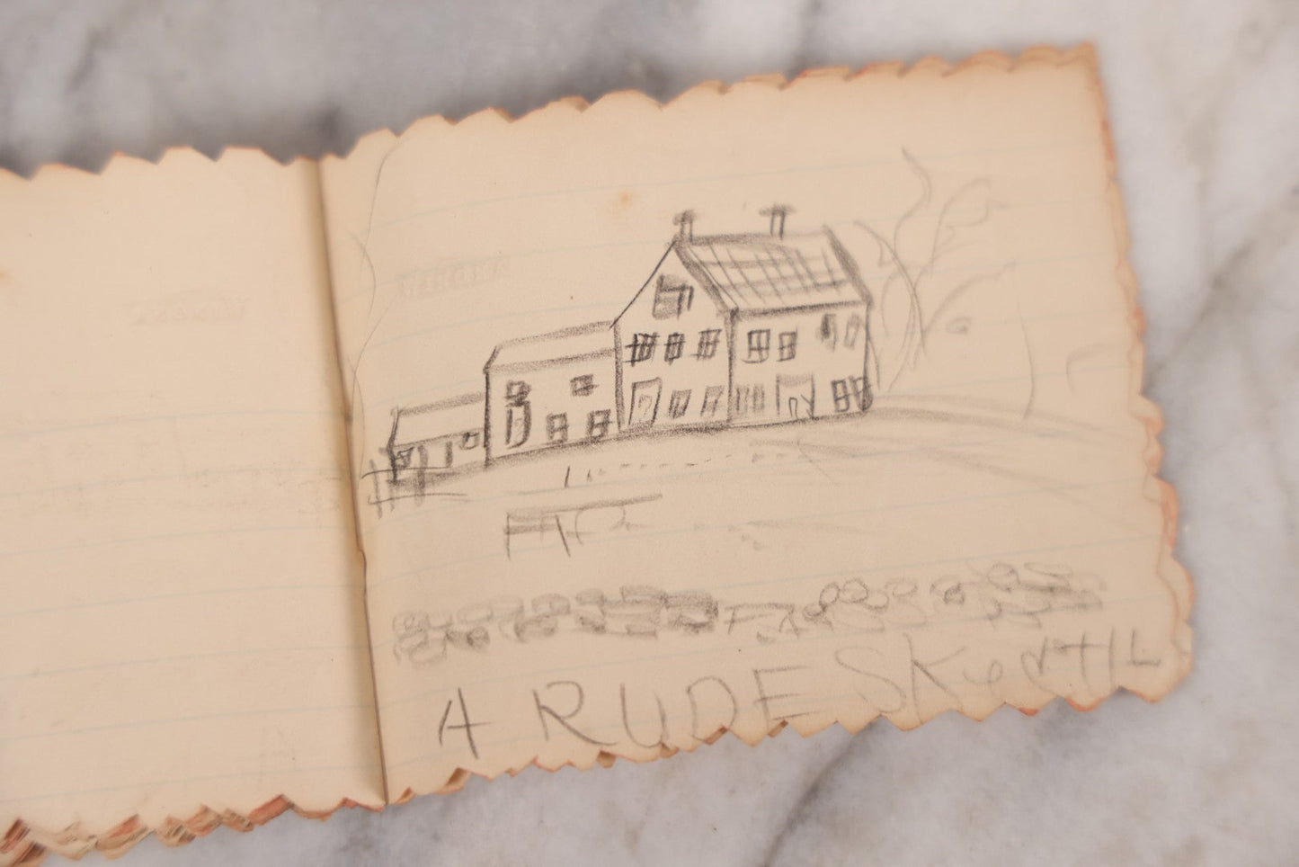 Lot 068 - Antique Hand Made Birthday "Soveigner" [sic] Souvenir Book Dated July 27-Aug 27, 1891, With Poems, Drawings And Captions Of Pets, Family And Home, Original Ribbon Tie Binding, 10+ Pages