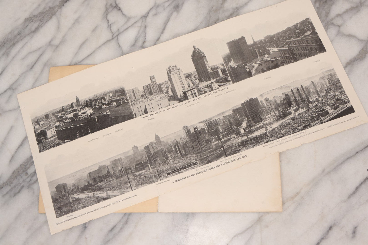 Lot 070 - Antique "San Francisco Official Memorial Souvenir 1906" Booklet With Photographs And Commemoration Of Disaster, Including Fold-Out Panorama Poster Of The City Before And After The Earthquake And Fire, Published By The Radial Co.