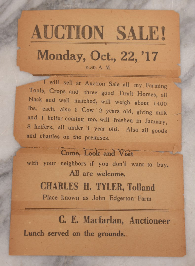 Lot 073 - Antique Auction Advertisement Broadside, October 22, 1917, Sale Of Farming Tools, Crops & Horses From John Edgerton Farm, Conducted By Charles H. Tytler, Tolland, With C.E. Macfarlan As Auctioneer