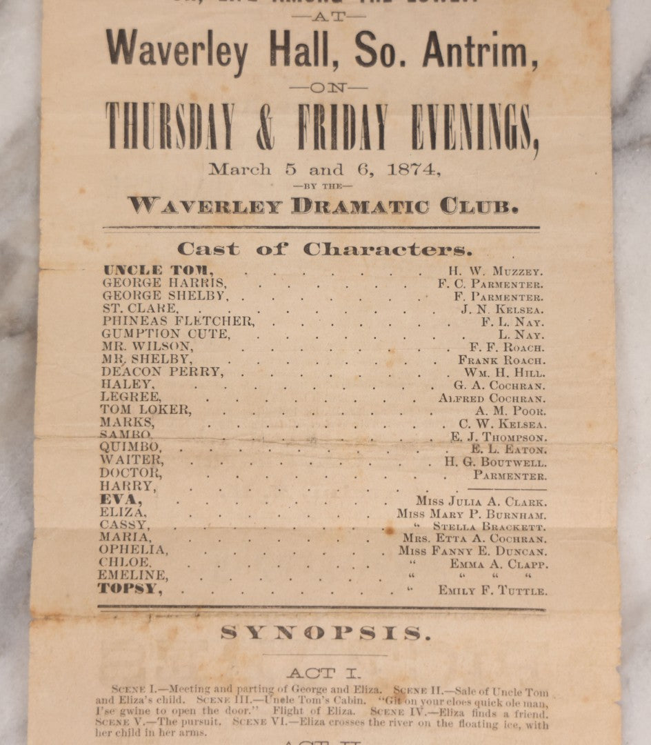 Lot 074 - Antique Theatrical Broadside, "Uncle Tom's Cabin," Two-Night Performance By Waverley Dramatic Club, Waverly Hall, South Antrim, New Hampshire, March 5–6, 1874