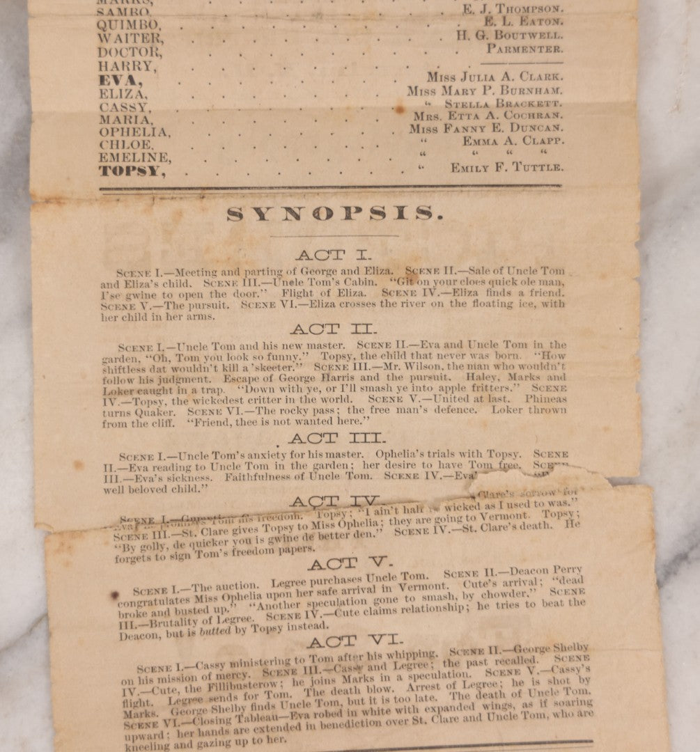 Lot 074 - Antique Theatrical Broadside, "Uncle Tom's Cabin," Two-Night Performance By Waverley Dramatic Club, Waverly Hall, South Antrim, New Hampshire, March 5–6, 1874
