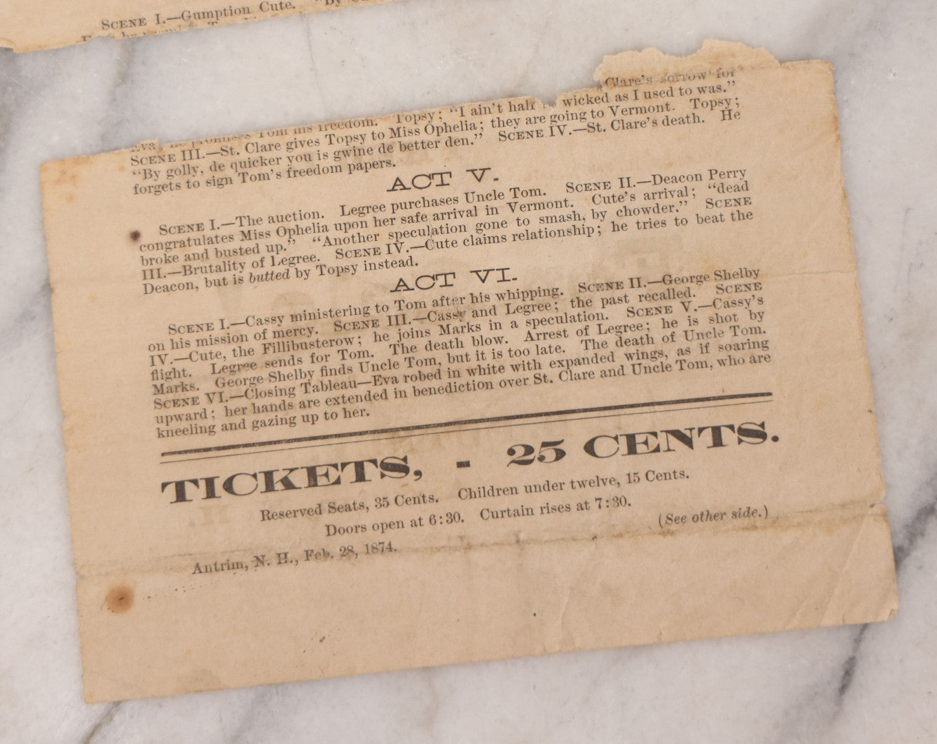 Lot 074 - Antique Theatrical Broadside, "Uncle Tom's Cabin," Two-Night Performance By Waverley Dramatic Club, Waverly Hall, South Antrim, New Hampshire, March 5–6, 1874
