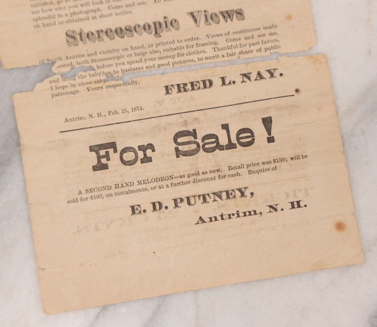Lot 074 - Antique Theatrical Broadside, "Uncle Tom's Cabin," Two-Night Performance By Waverley Dramatic Club, Waverly Hall, South Antrim, New Hampshire, March 5–6, 1874