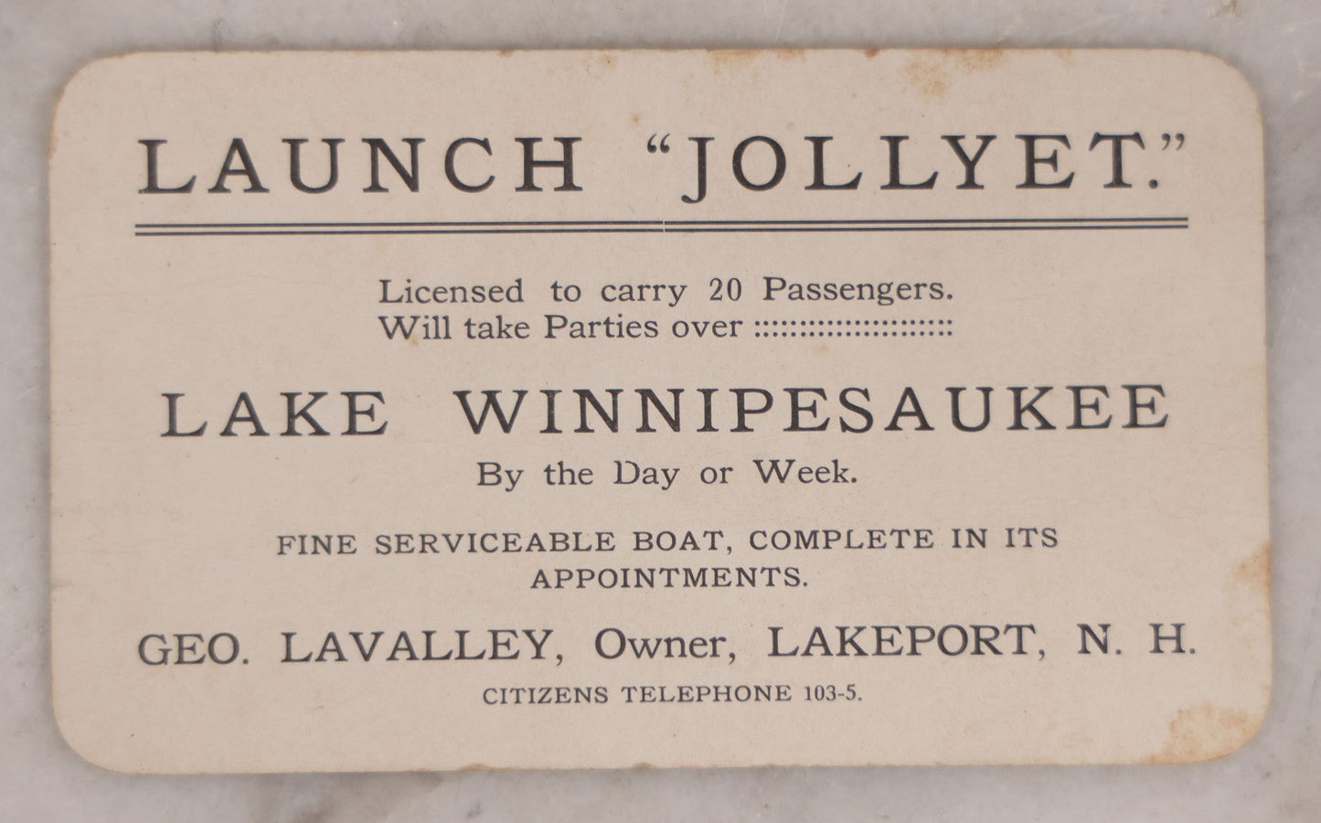 Lot 075 - Antique Advertising Trade Card For The Boat "Jollyet," Licensed For 20 Passengers On Lake Winnipesaukee, New Hampshire, George Lavalley, Owner, Lakeport