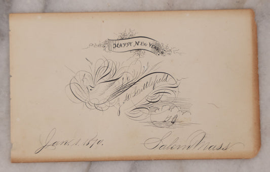 Lot 076 - Antique Hand-Drawn Calligraphy Art, New Year's Greeting With Bird Flying Over Ship Scene, Signed J.A. Littlefield, Salem, Massachusetts, January 1, 1879