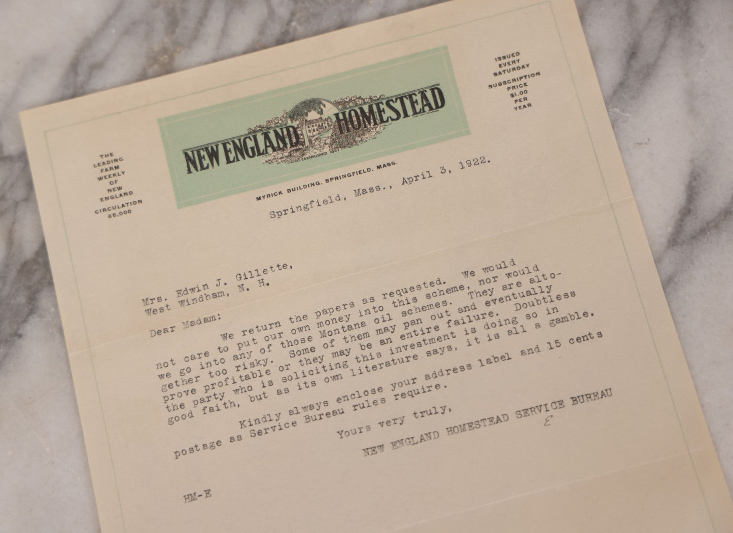 Lot 077 - Antique Typewritten Letter On New England Homestead Letterhead, Springfield, Massachusetts, April 3, 1922, Regarding Risky "Montana Oil Schemes," Signed Service Bureau