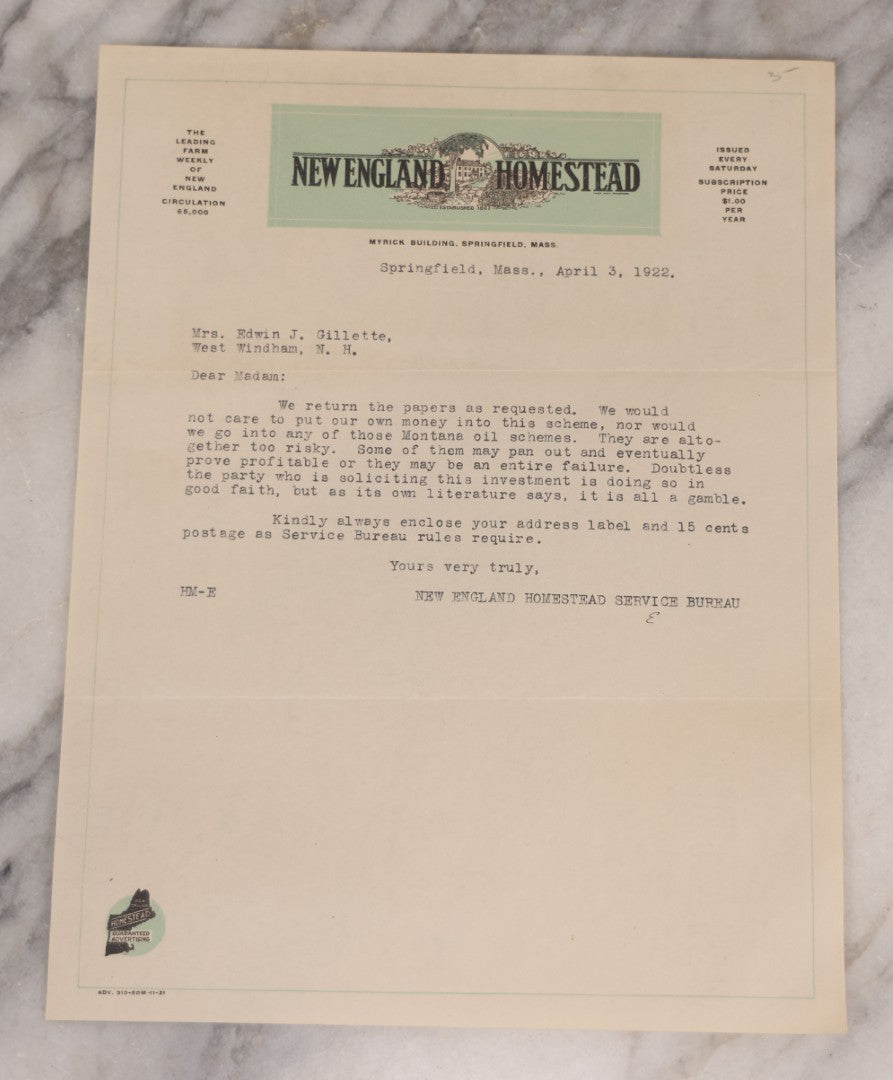 Lot 077 - Antique Typewritten Letter On New England Homestead Letterhead, Springfield, Massachusetts, April 3, 1922, Regarding Risky "Montana Oil Schemes," Signed Service Bureau