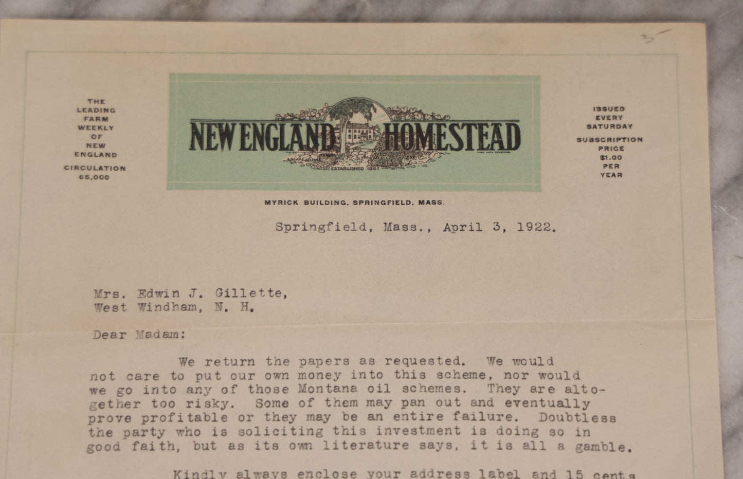 Lot 077 - Antique Typewritten Letter On New England Homestead Letterhead, Springfield, Massachusetts, April 3, 1922, Regarding Risky "Montana Oil Schemes," Signed Service Bureau