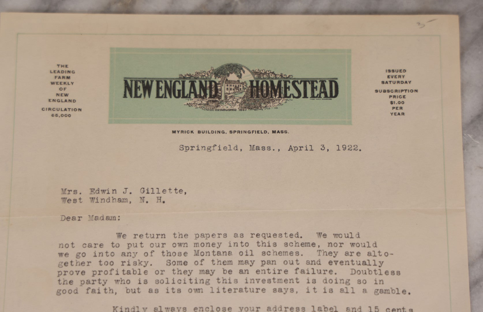 Lot 077 - Antique Typewritten Letter On New England Homestead Letterhead, Springfield, Massachusetts, April 3, 1922, Regarding Risky "Montana Oil Schemes," Signed Service Bureau