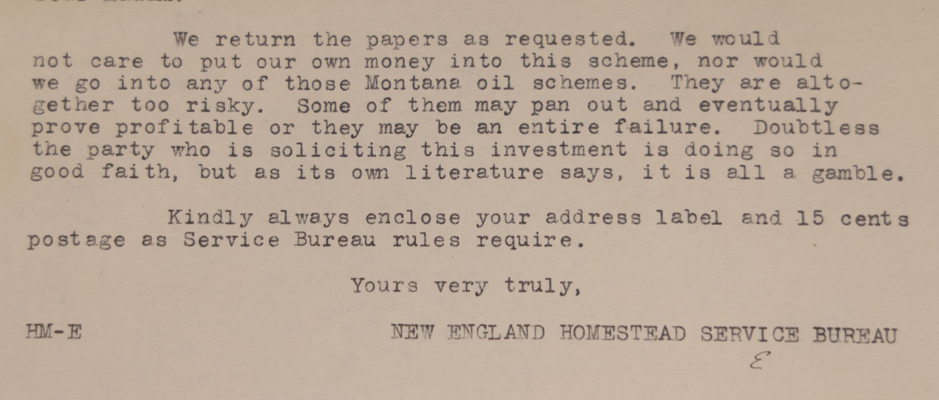 Lot 077 - Antique Typewritten Letter On New England Homestead Letterhead, Springfield, Massachusetts, April 3, 1922, Regarding Risky "Montana Oil Schemes," Signed Service Bureau