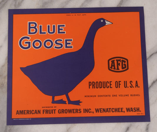 Lot 078 - Vintage Unused "Blue Goose" Lithograph Advertising Fruit Crate Label For Blue Goose Brand Pears, With Orange Surround And Goose Graphic, Printed By Western Litho. Co., Los Angeles, Circa 1950