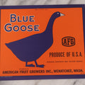 Lot 078 - Vintage Unused "Blue Goose" Lithograph Advertising Fruit Crate Label For Blue Goose Brand Pears, With Orange Surround And Goose Graphic, Printed By Western Litho. Co., Los Angeles, Circa 1950
