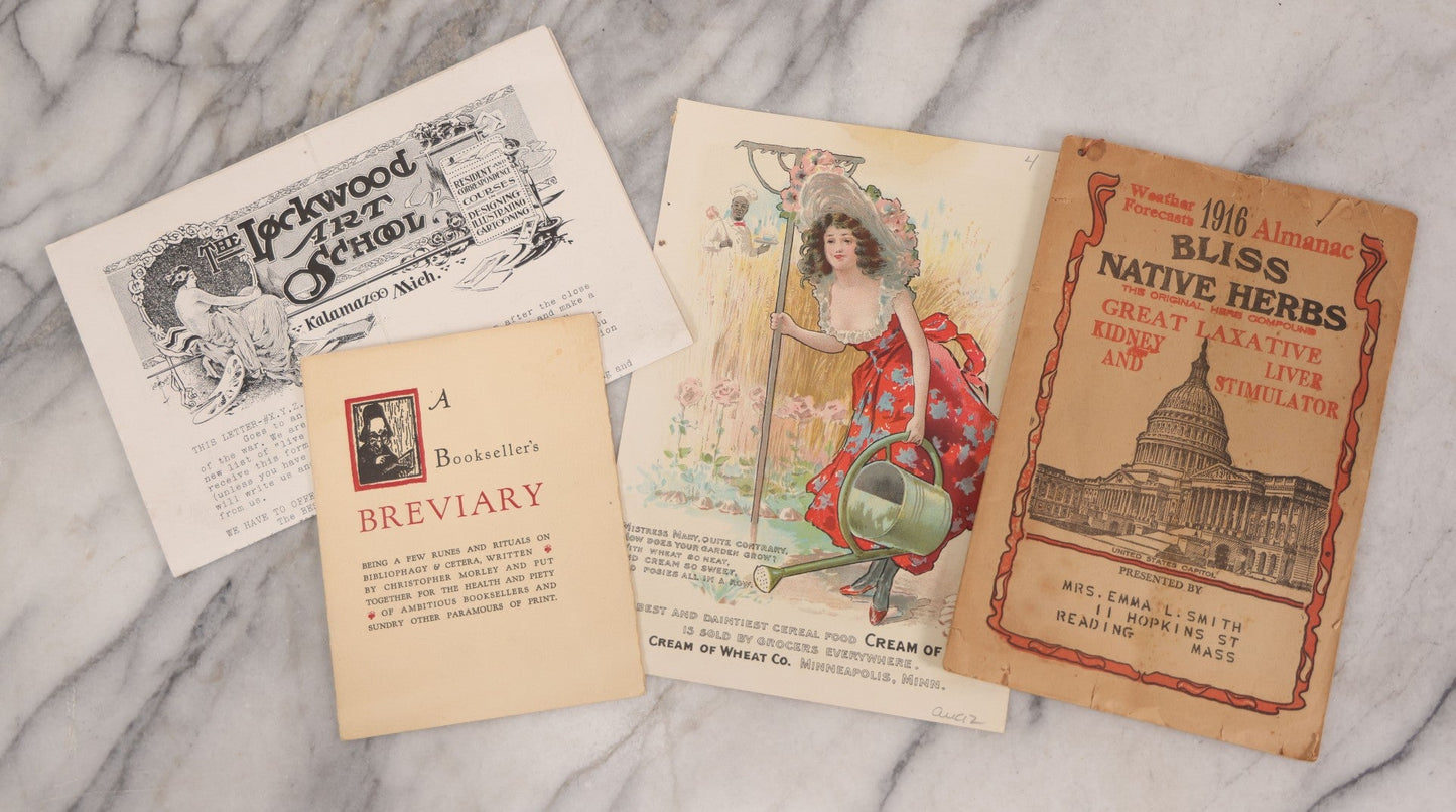 Lot 085 - Grouping Of Four Antique Ephemera Items Including "The Lockwood Art School" Newsletter, Kalamazoo, Michigan, A Bookseller's Breviary Booklet, Cream Of Wheat Advertisement, And "Bliss Native Herbs" 1916 Almanac