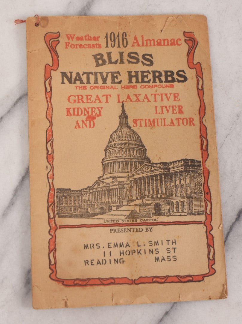 Lot 085 - Grouping Of Four Antique Ephemera Items Including "The Lockwood Art School" Newsletter, Kalamazoo, Michigan, A Bookseller's Breviary Booklet, Cream Of Wheat Advertisement, And "Bliss Native Herbs" 1916 Almanac