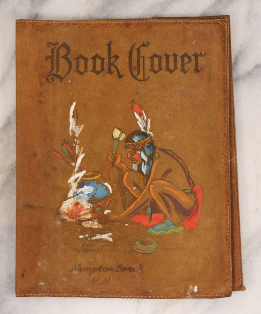 Lot 086 - Antique Hand-Painted Leather Souvenir Book Cover, Native American Man By Fire, Souvenir Of Hampton Beach, New Hampshire, Circa 1910
