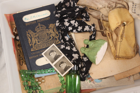 Lot 093 - Vintage "Proof Of Life" Junk Drawer Box Lot Belonging To Annie Casslake, With Ephemera, Textiles, Jewelry, Shoes, Passport, Bottles, And More