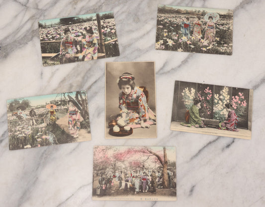 Lot 094 - Grouping Of Six Antique Hand-Colored Postcards Of Life In Japan, Including Women Playing A Game And Cherry Blossoms At Uyeno Park, Tokyo, Made In Japan