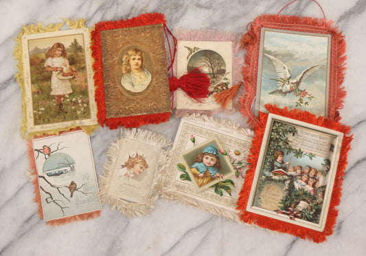 Lot 096 - Grouping Of Eight Antique Holiday Greeting Cards With Fabric Fringe, Including New Year's And Easter Lithograph Cards