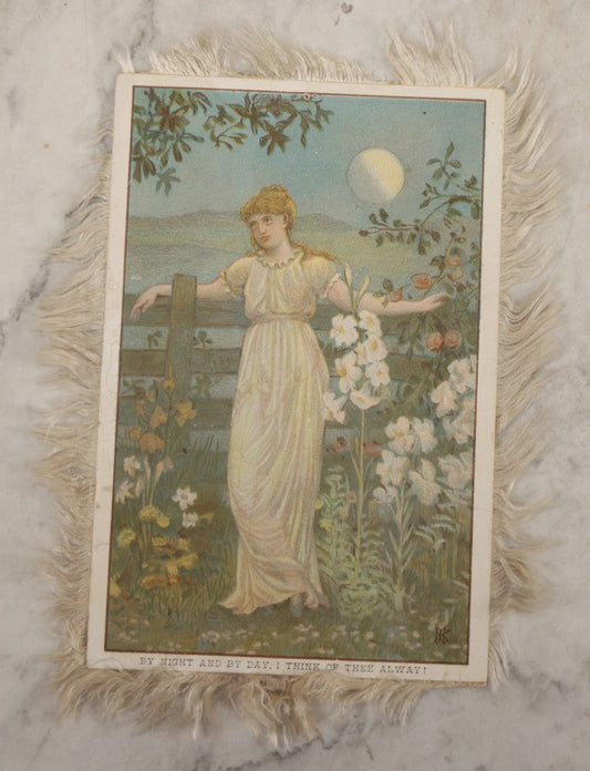Lot 097 - Antique Lithographed Greeting Card With Fabric Fringe Featuring Young Ladies In White In Moonlit Gardens, Romantic Sayings, Illustrations Signed "H.K."