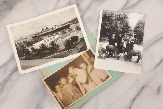 Lot 101 - Grouping Of Three Vintage Photographs, Including Real Photo Postcard Of Man Aiming Weapon, Photo Of Group Feeding Deer In Winter Coats, And Photo Of S.S. California Ship Entering Havana Harbor With The Old City Amphitheater In Foreground
