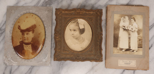 Lot 105 - Grouping Of Three Antique And Vintage Photographs Including Celluloid Photo Button, Wedding Photo From New Bedford, Massachusetts, And Photo Of Girl In Composite Frame